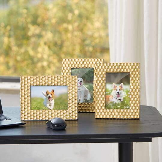 Glitzhome® 3 Pack 4" x 6" Gold Honeycomb Resin Tabletop Picture Frames
